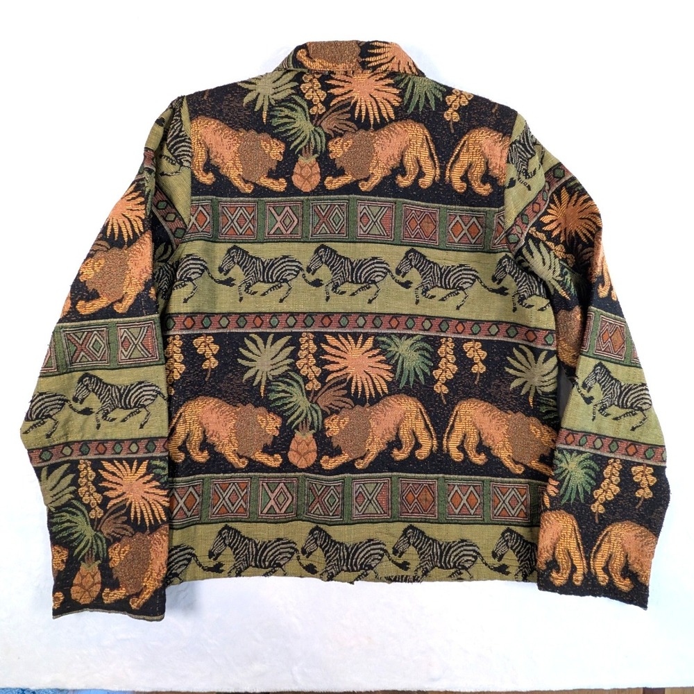 New Identity Vintage Tapestry Jacket Safari Lion Zebra Green Cotton Blend Medium - Picture 4 of 14